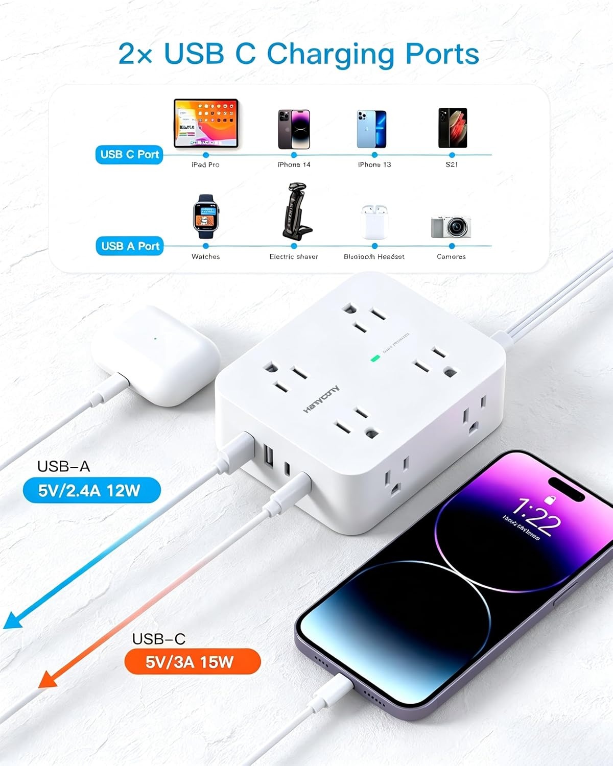 image:imageSurge Protector Power Strip HANYCONY Extension Cord with Multiple Outlets 5 Ft Ultra Thin Flat Plug 8 Outlets 4 USB Ports2USB C 1080J Outlet Extender for Home Office College Dorm Room Essentials25Ft