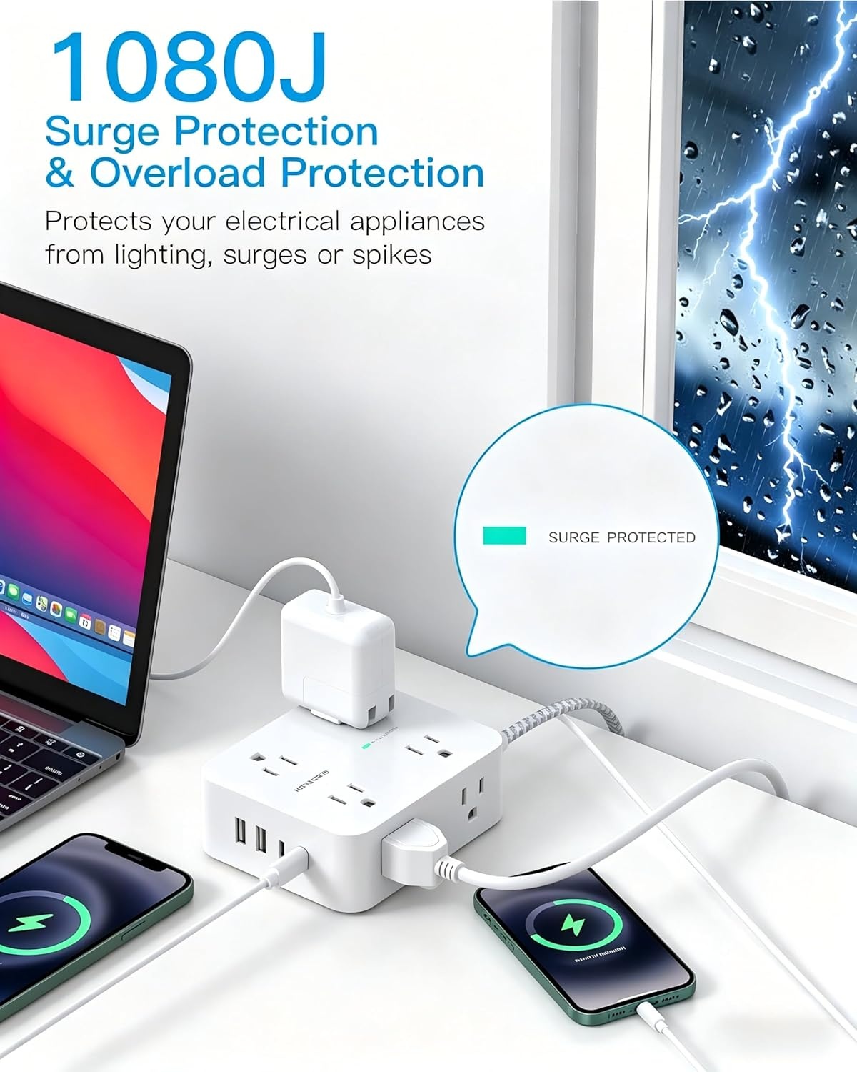 image:imageSurge Protector Power Strip HANYCONY Extension Cord with Multiple Outlets 5 Ft Ultra Thin Flat Plug 8 Outlets 4 USB Ports2USB C 1080J Outlet Extender for Home Office College Dorm Room Essentials10Ft