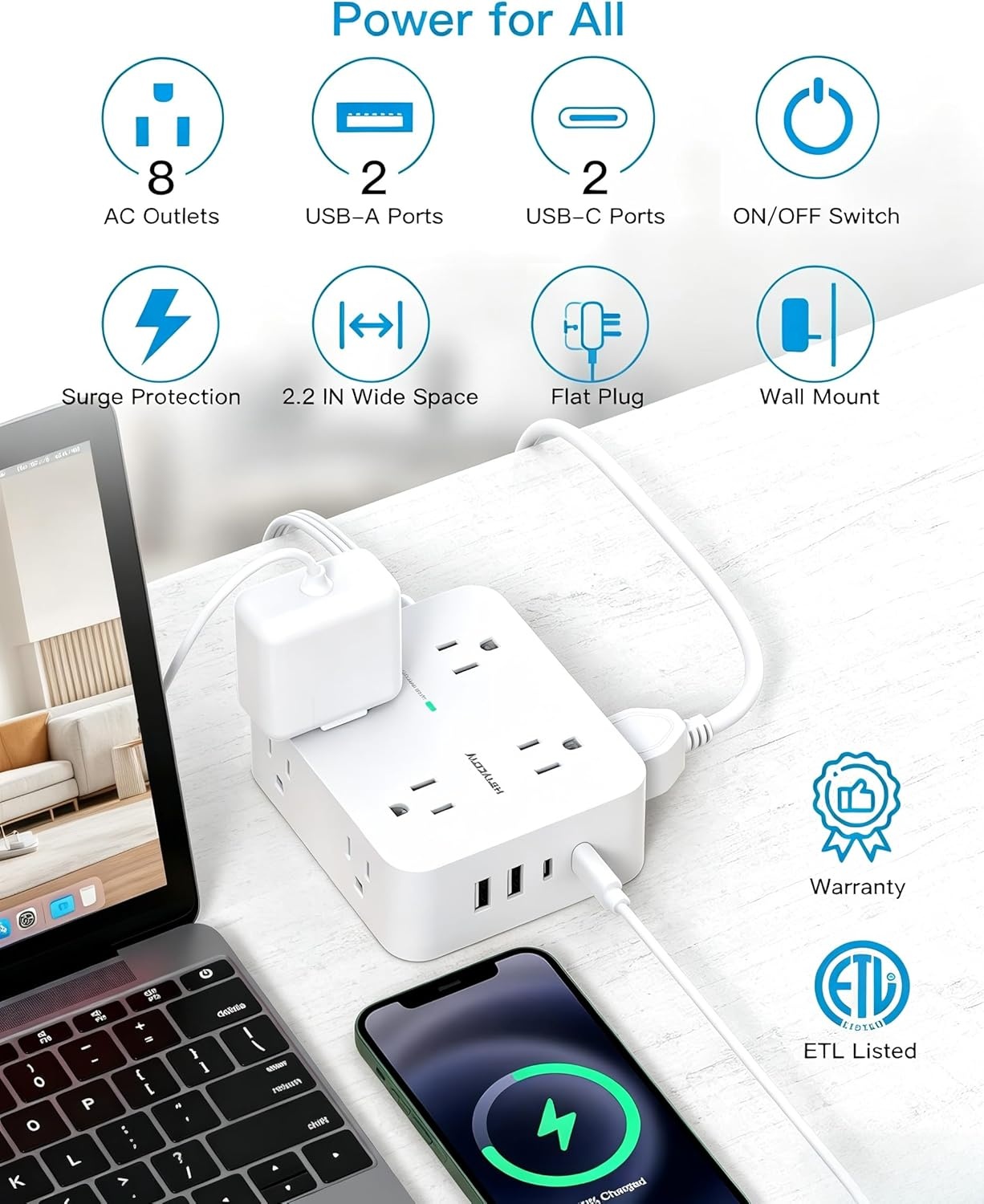 image:imageSurge Protector Power Strip HANYCONY Extension Cord with Multiple Outlets 5 Ft Ultra Thin Flat Plug 8 Outlets 4 USB Ports2USB C 1080J Outlet Extender for Home Office College Dorm Room Essentials25Ft