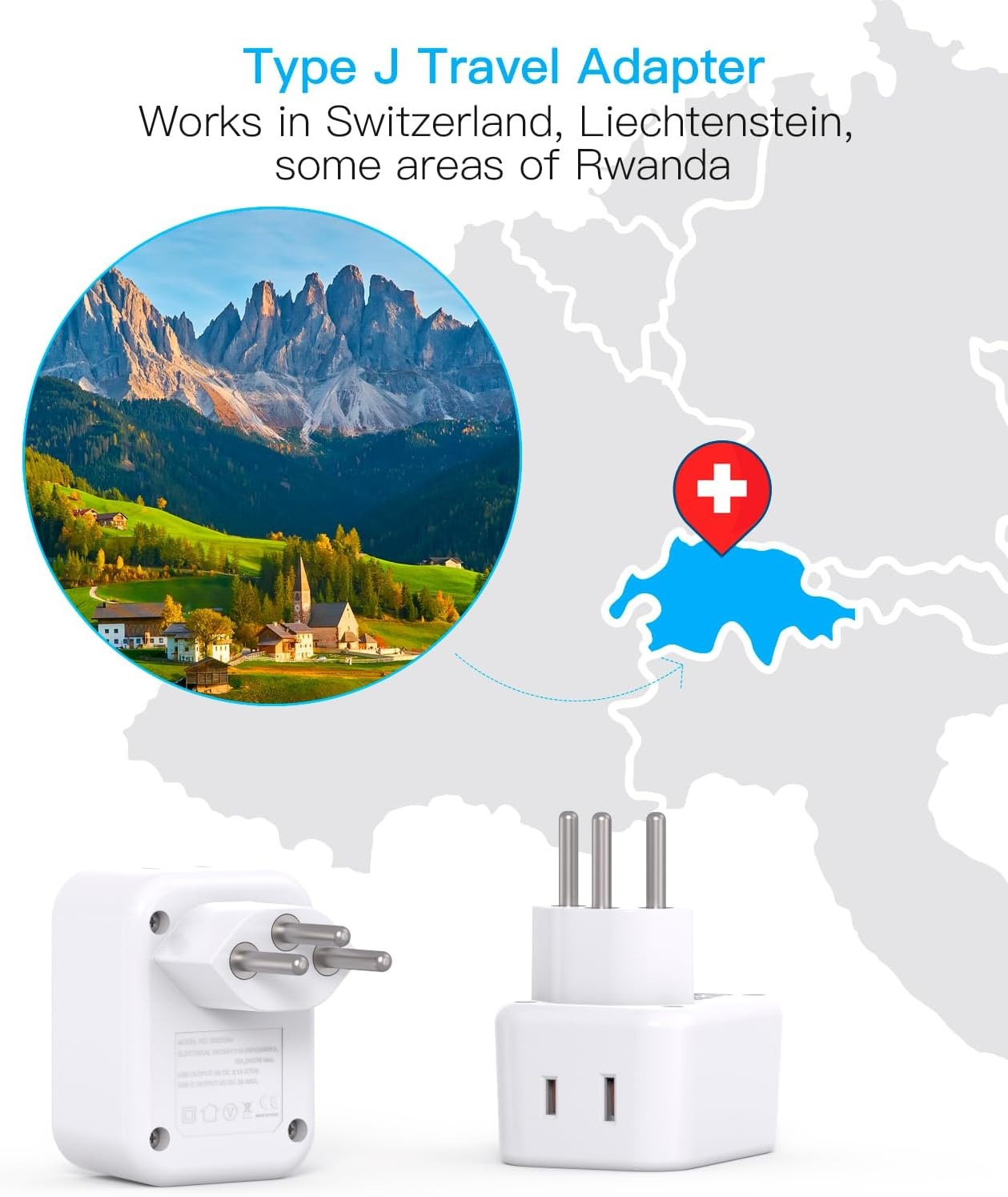 image:imageSwitzerland Travel Plug Adapter HANYCONY Type J Power Adapter with 2 Outlets 2 USB C Ports Swiss Plug Adapter for Amercian US to Switzerland Liechtenstein Rwanda 2 PackType J Switzerland