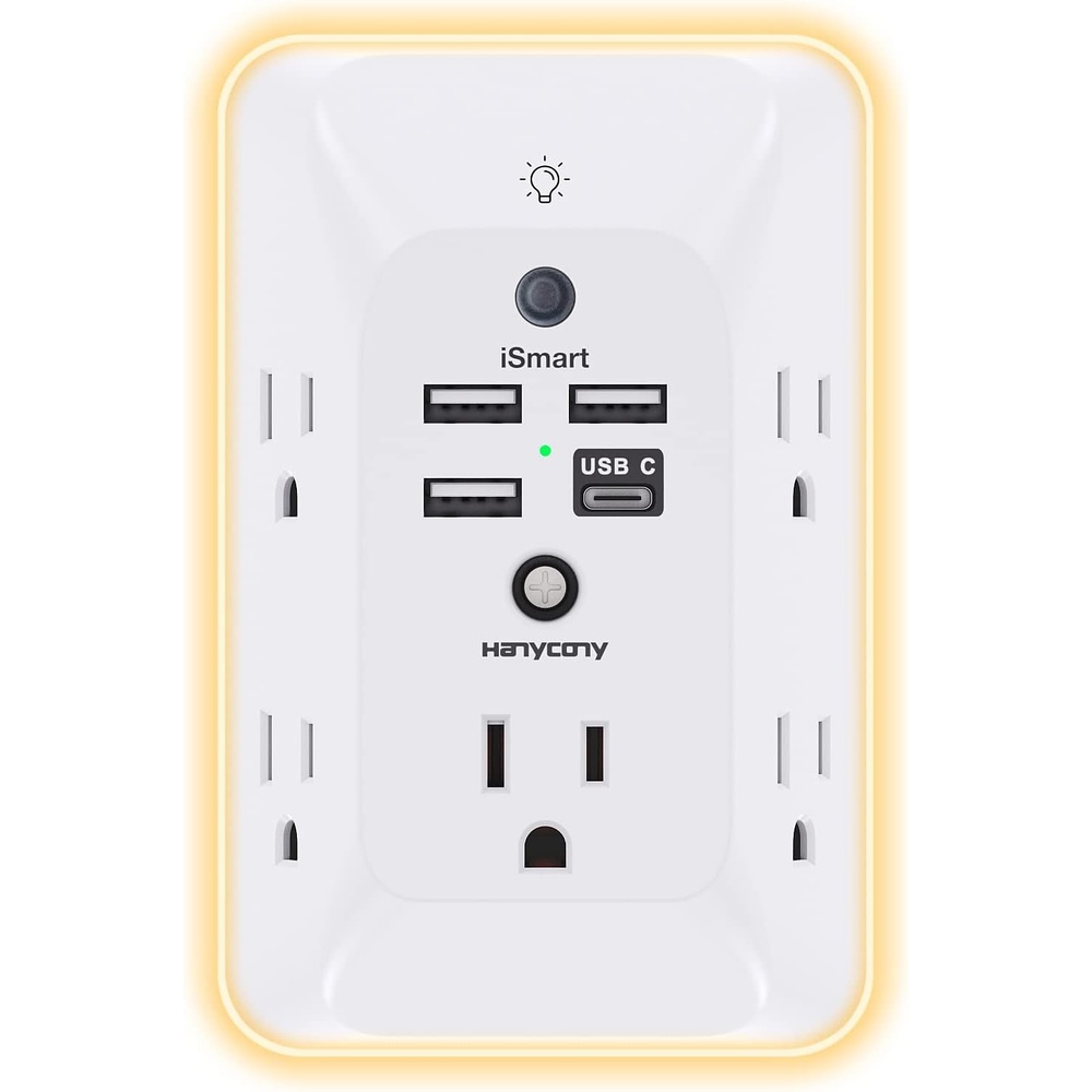 image:imageOutlet Extender with Night Light HANYCONY Multi Plug Outlet USB Wall Charger Surge Protector 4 USB Ports1 USB C Power Strip Electrical Outlet Splitter Expander for Home Office Dorm Room ETLWhite