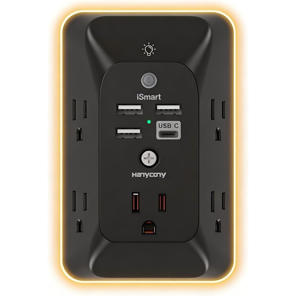 image:imageOutlet Extender with Night Light HANYCONY Multi Plug Outlet USB Wall Charger Surge Protector 4 USB Ports1 USB C Power Strip Electrical Outlet Splitter Expander for Home Office Dorm Room ETLBlack