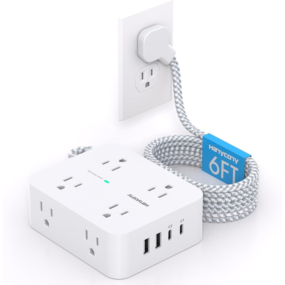image:imagePD 30W USB C Power Strip Surge Protecor HANYCONY 8 Outlets 4 USB2 USB C Ports 1080J Desk Charging Station for Multiple Devices 6 Ft Flat Plug Extension Cord for College Dorm Room EssentialsWhiteGray