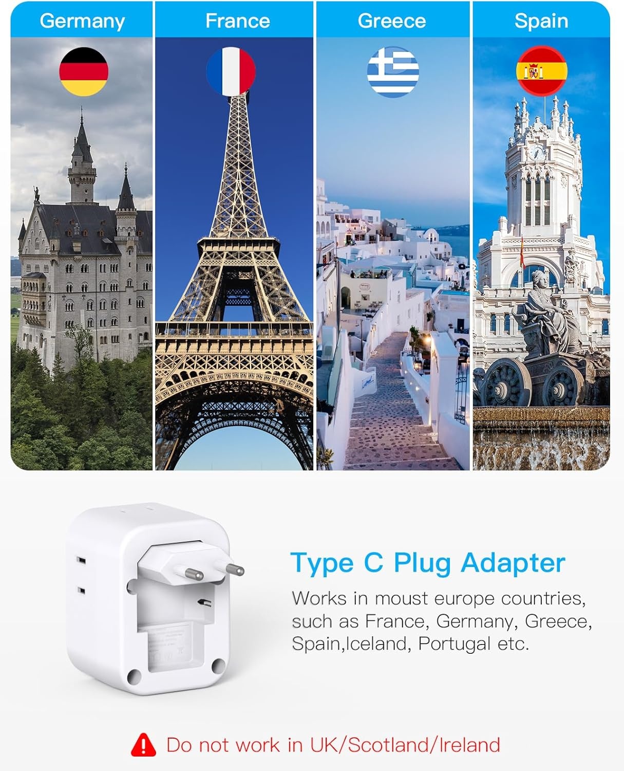 image:imageUS to UK Plug Adapter for Travel Ireland Plug Adapter Type G Adapter with 4 Outlets 4 USB Ports 2 USB C UK Power Adapter for USA to London Dubai England Scotland British Kenya Qatar HongkongType C Most of Europe